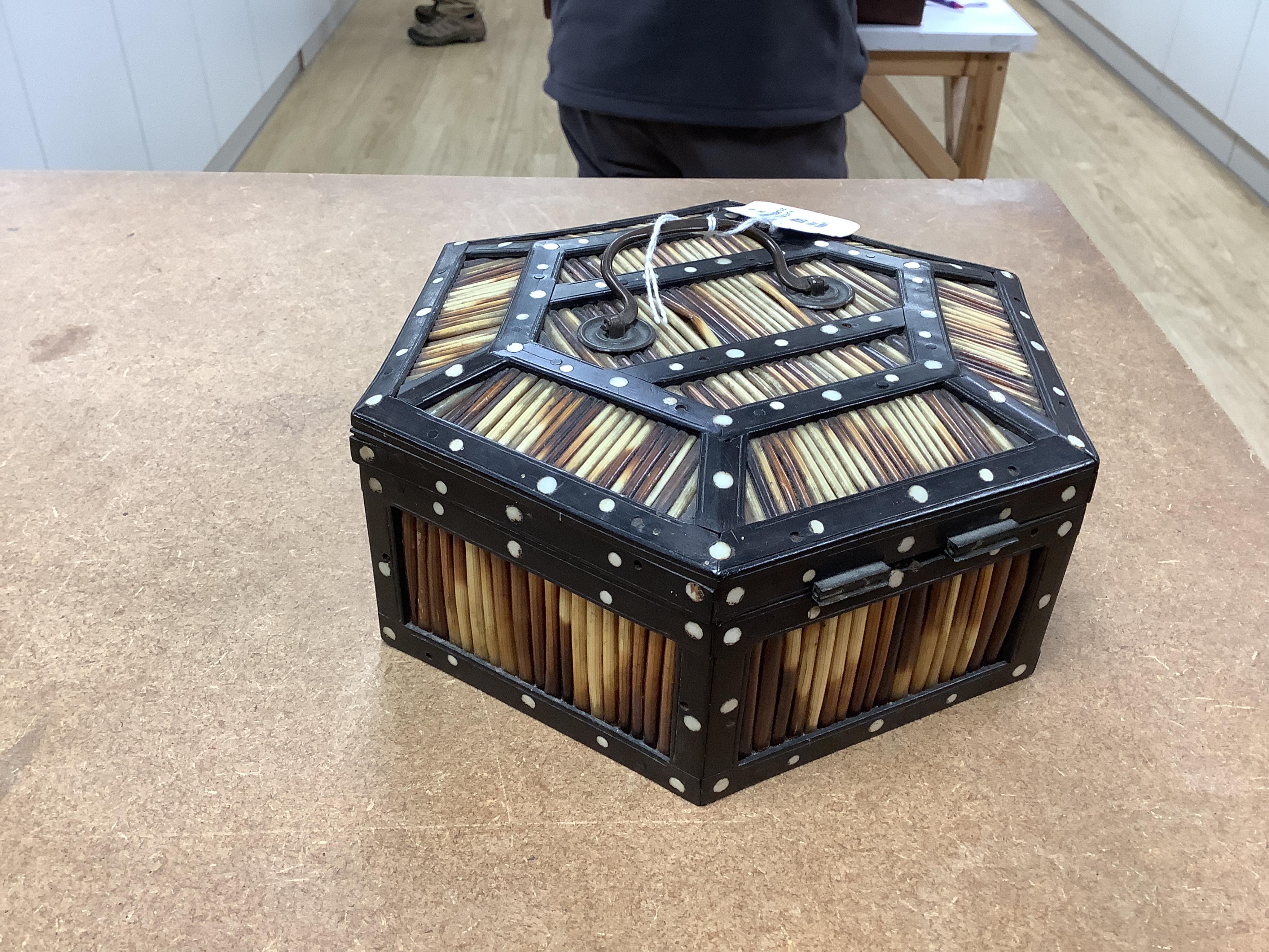 A late 19th century Ceylonese hexagonal quill box with bone inlay, 21cm wide